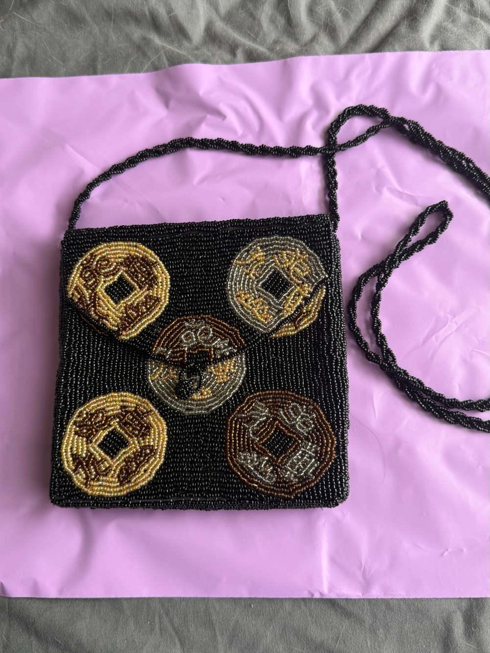 Black Beaded Crossbody Bag with Gold Coin Motif
